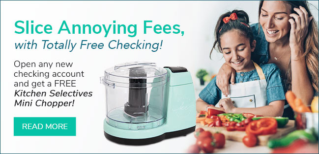 Slice annoying fees with totally free checking! Open any new checking account and get a free Kitchen Selectives Mini Chopper. Click to read more.