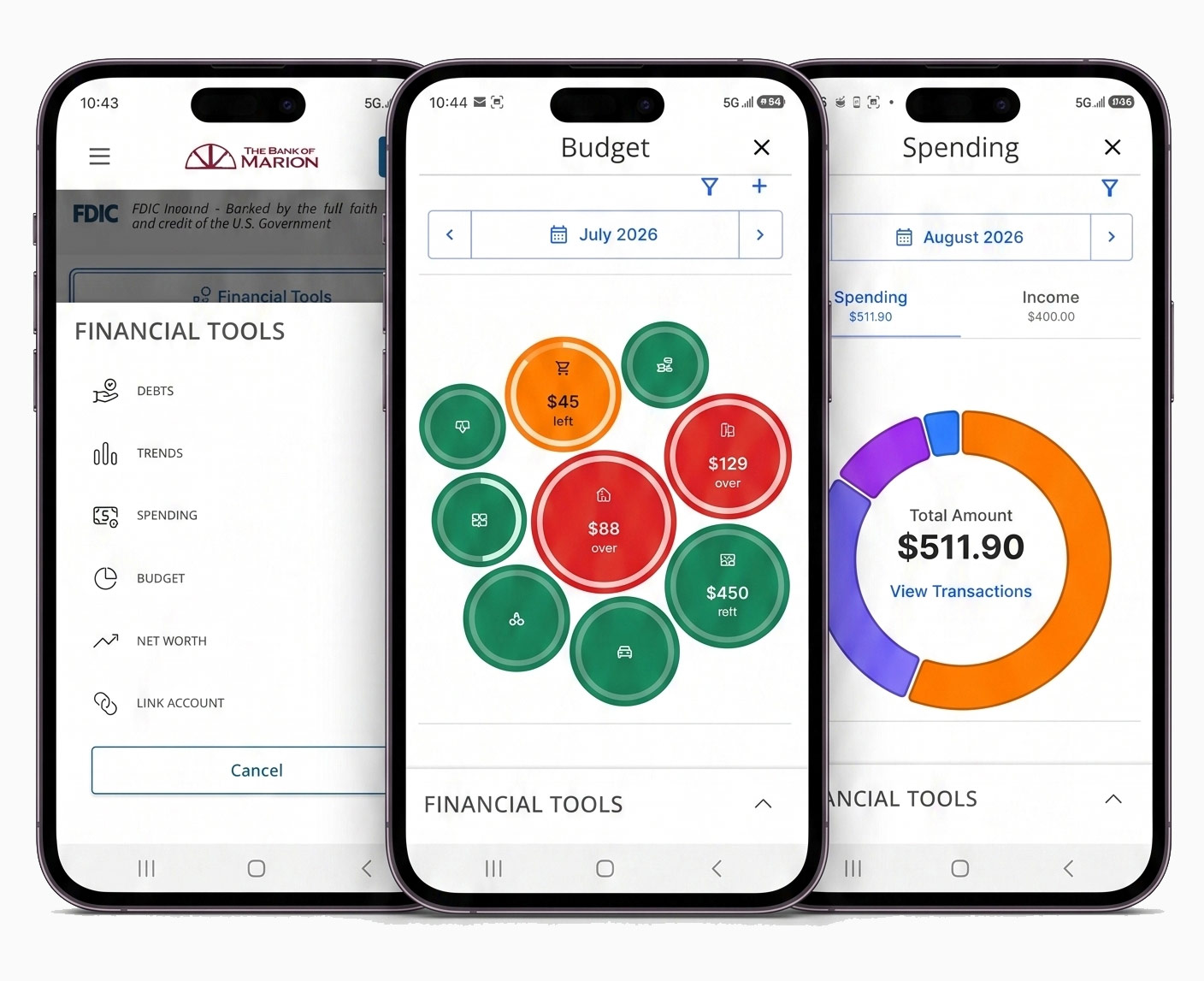 Personal Finance Manager screenshots of menu, budget and spending.