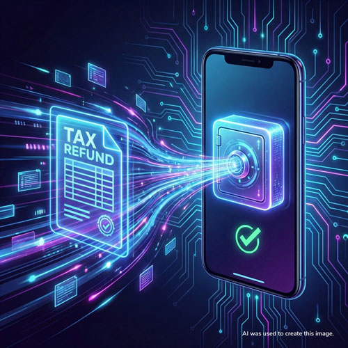 Image representing tax refund being deposited into a deposit account.