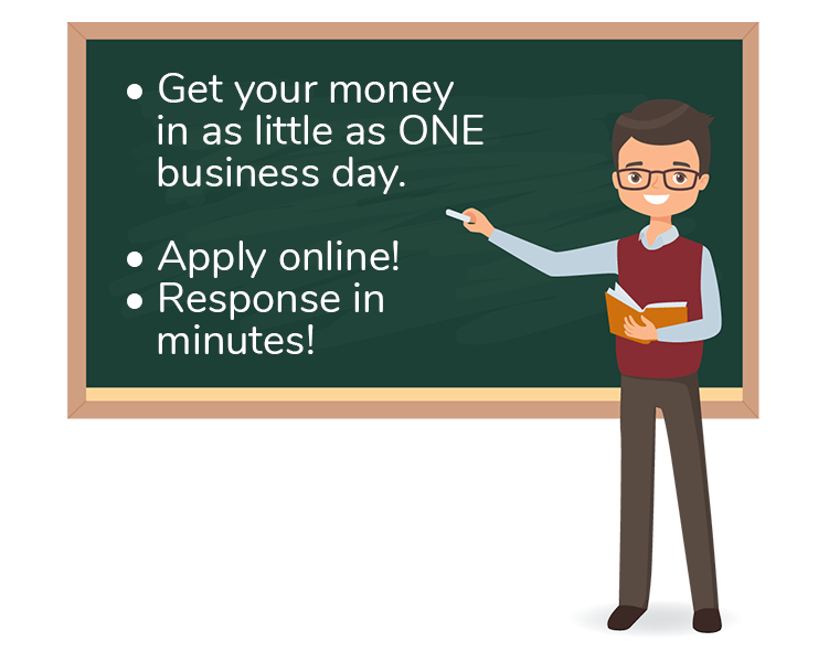 Get your money in as little as ONE business day. Apply online! Response in minutes!