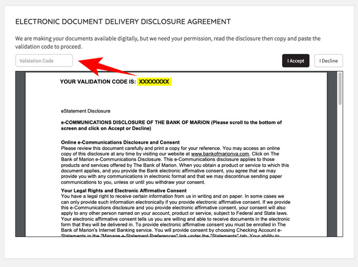 Disclosure Agreement example showing validation code and the box where  the validation code is inserted.